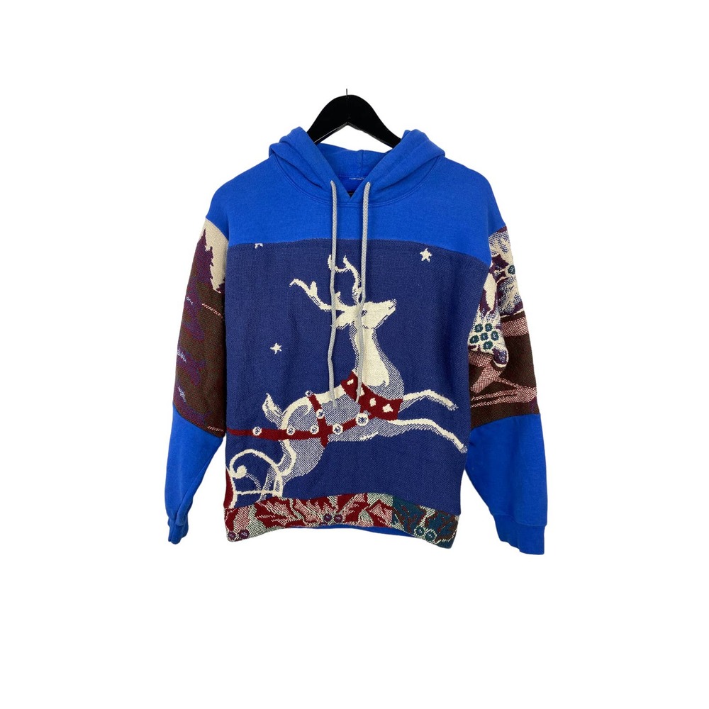 VTG Christmas Deer Reworked Hooded Sweatshirt Sz M